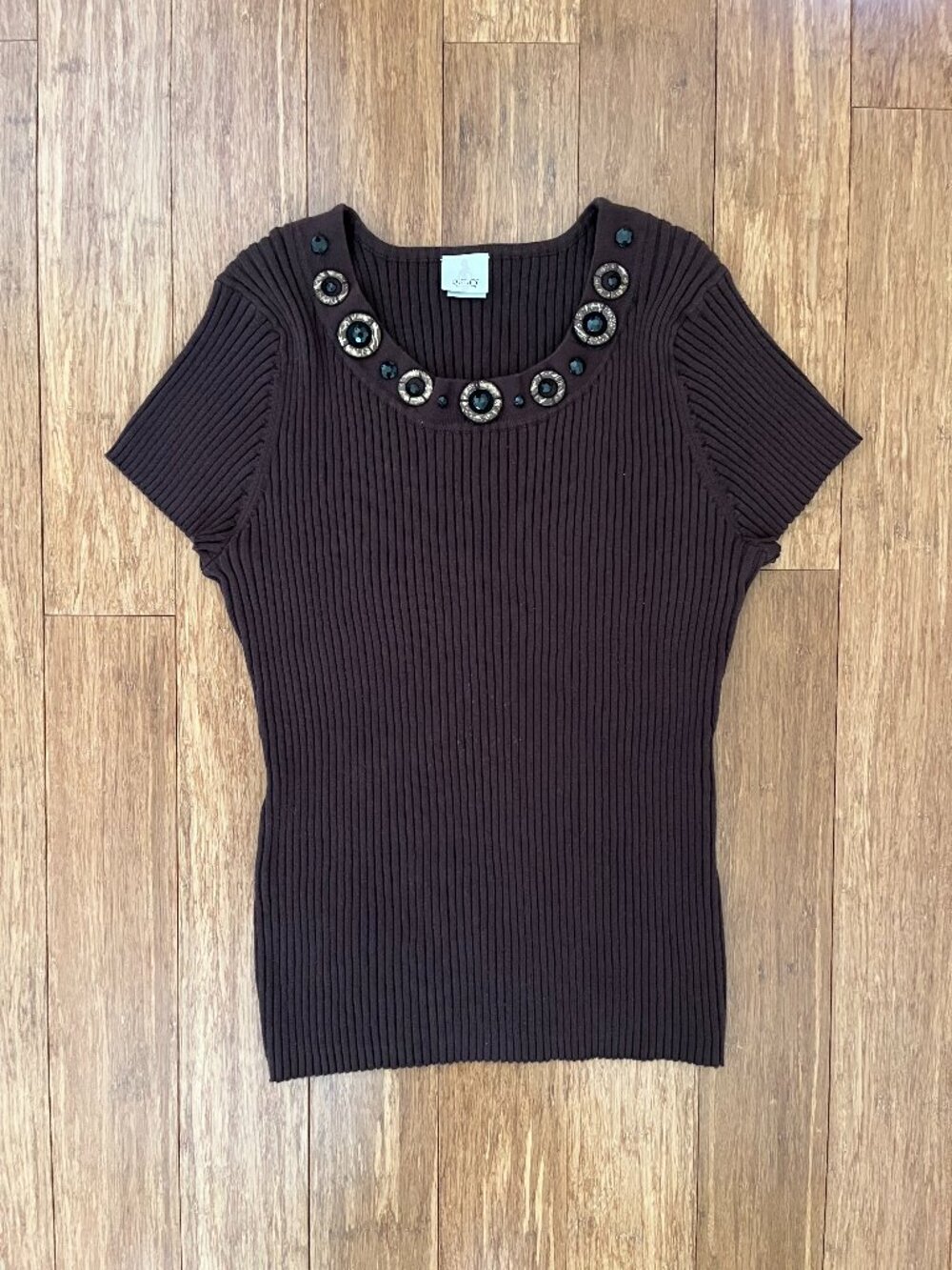 Y2K R.E.Q. Brown Ribbed Embellished Neckline Short Sleeve Knit Top